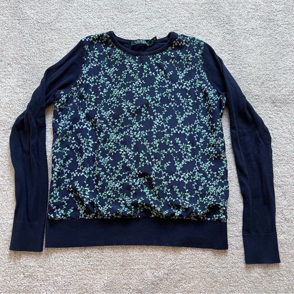 Ralph Lauren Cotton Navy Leaf Vine Floral Top